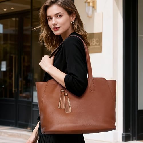 Image of befen Genuine Leather Tote Bag for Women Work, Women's Tote Handbags Shoulder Satchel Purse with Compartments and Tassel