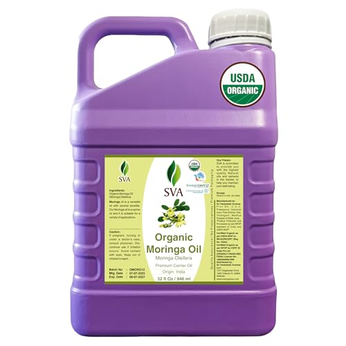 SVA Moringa Seed Oil Organic – 32 Fl Oz – 100% Natural Cold Pressed Moringa Oil – for Face, Skin Care, Hair Care, Scalp Massage & Body Massage – Carrier Oil with Dropper