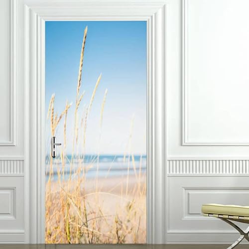 Modern Beach Door Stickers for Interior Doors Reed Grass 3D Door Decals Art Sticker Self Adhesive Door Murals for Bedrooms Living Room Bathroom Home Decor G693?90x210 cm?