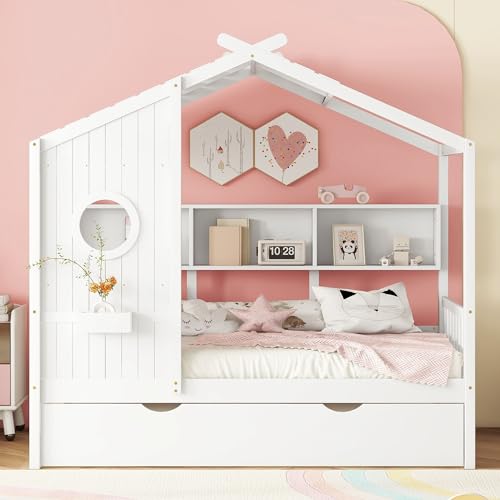 Image of Twin Size House Bed with Roof and Window for Kids, Wooden Playhouse Bed with Storage Shelves and Trundle for Bedroom Furniture Girls & Boys (White /T1)