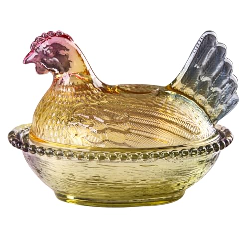 Plato de cristal con tapa, tarro de caramelo de cristal grueso en forma de gallina, plato de postre vintage para decoración del hogar (amarillo)