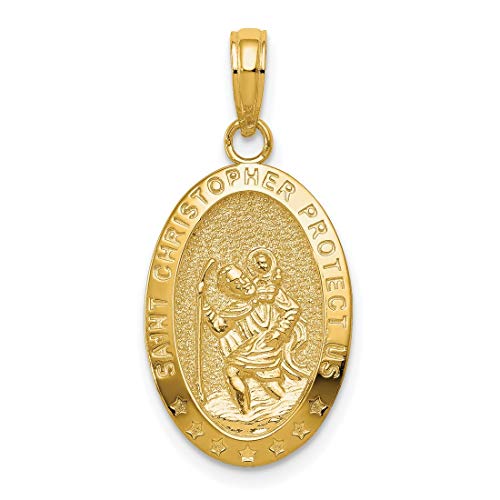 Saint Christopher Medal Pendant in Solid Gold - Oval Religious Protection Necklace for Men and Women with Protect Us Prayer Catholic Medallion for Travelers