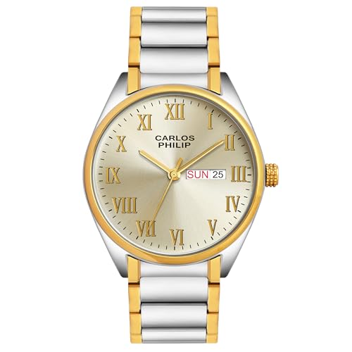 Image of Carlos Philip Men's Roman Numeral Analog Watch - Day and Date Display, Stainless Steel Strap, Quartz Movement, Business Style Watch for Men