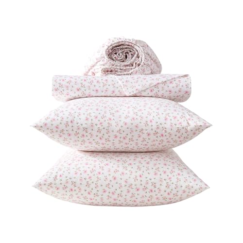 Image of Laura Ashley - King Sheet Set, Crisp & Cool Cotton Percale Bedding for Year Round Comfort, Deep Pocket, Bed Sheets with Matching Pillowcases (Little Ditsy Pink)