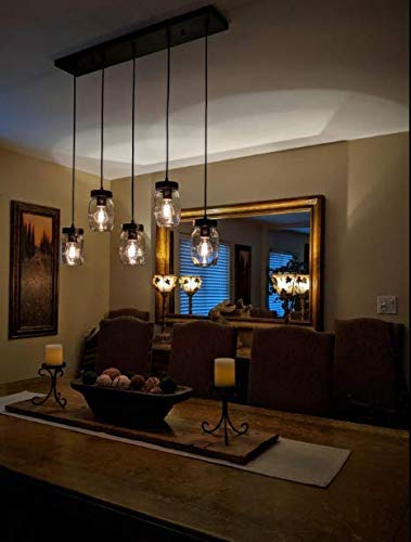 Wellmet 5-Lights Mason Jar Chandelier For Kitchen Island, Farmhouse Linear Cluster Hanging Pendant Light Fixture For Dining Room Light Fixtures Hanging, Matte Black Finish With Glass Shades #TOP7