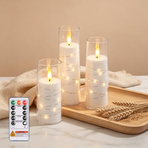 Image of Raycare Flameless Candle with Remote Timer, 3 Flickering Acrylic Battery Operated LED Pillar Candles with Embedded Star String for Home Decor, Christmas, Wedding, Home Table Decor(White)