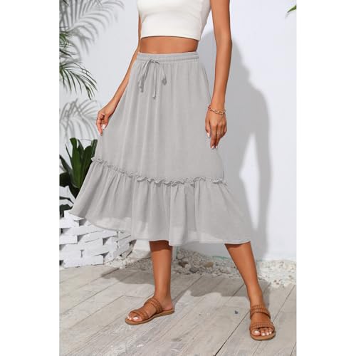 Image of Witsmile Women's Skirts - Elastic Waist Pleated A-Line Midi Skirt Dress with Pockets for Women Dressy Casual(Light Gray,L)