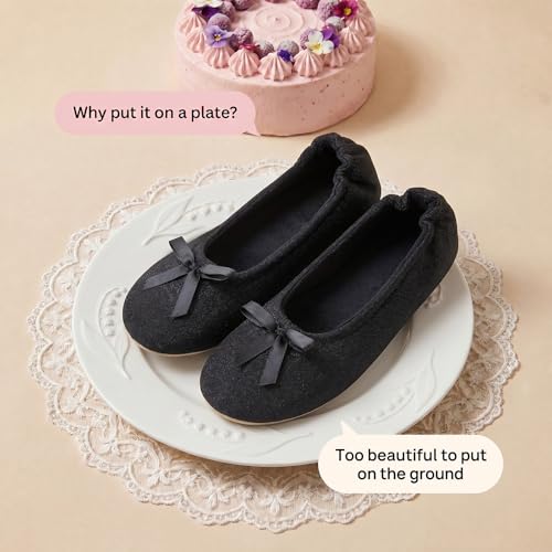 EverFoams Women's Satin Memory Foam Ballerina Slippers Cute House Shoes with Indoor Rubber Sole (Size 7-8 M US, Black)