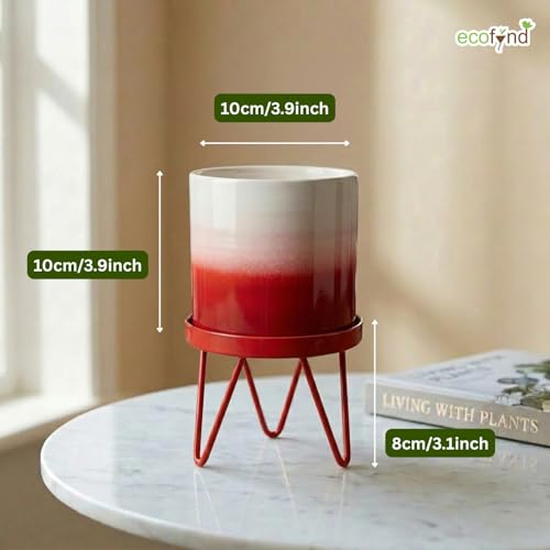 Image of ecofynd Lucas Metal Plant Pot with Red Stand, Modern Style Planter Set, Indoor Outdoor Home Decor Item for Garden Plants Flower, Balcony, Patio, Living Room, Garden, Bedroom (PWS032-WHTRED)