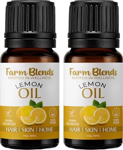 Image of Farm Blends Lemon Essential Oil | Vitamin C Rich, Nourishes Hair & Skin, Anti-Acne, Pimple, Oil Control, Fresh Lemon Scent | Farm To Home | Oil 100% Pure, Natural, Undiluted | Citrus limon||10ML + 10ML (Pack of 2)