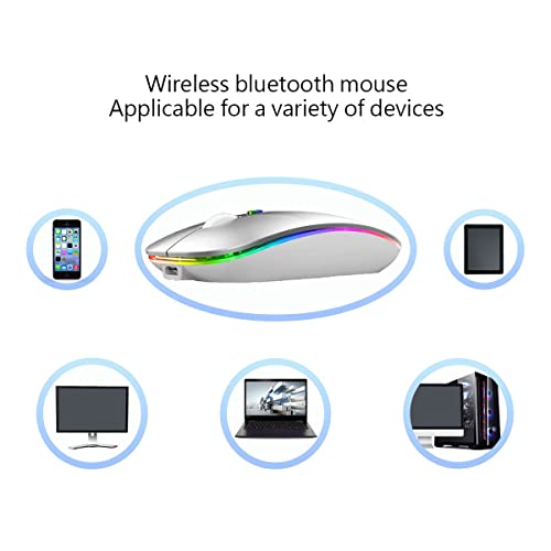 Image of WREANU Wireless Bluetooth Mouse, Rechargeable Laptop Mice, Silver | LED Lights, Dual Mode(BT5.2 & 2.4G Portable USB Receiver) Silent Slim Computer Mouse for Laptop /iPad /Tablet /Computer /Mac