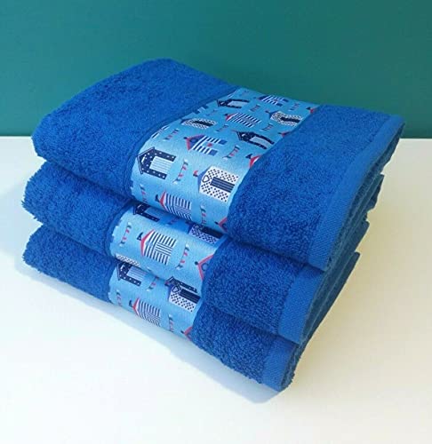 Sue Rossi Ltd 100% Cotton Tea Towels Waffle Embroidered Seaside Cooks Cloth 3 Pack Kitchen Towel Set (Blue Beach Hut)