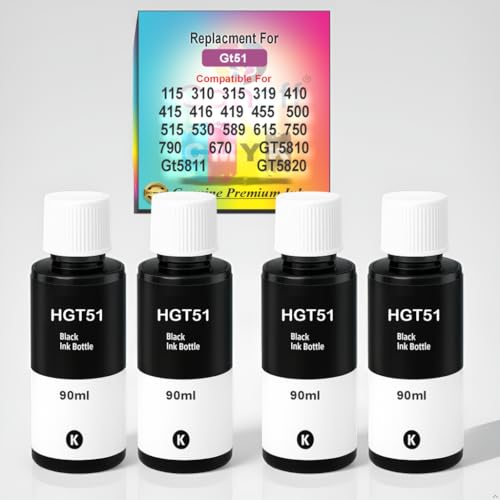Image of CANOFF GT 51 Black Refill Ink Compatible for HP Ink Tank 115,310,315,319,410,415,416,419,455,500,515,530,589,615,750,790,670,GT5810,GT5811,GT5820 (HGT51BK 4pc. x 90ml)