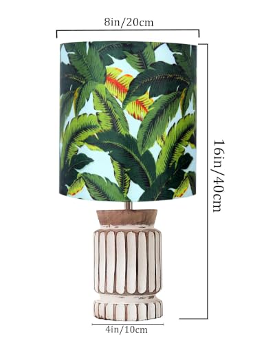 Image of Homesake Retro Farmhouse LED Table Lamp for Living Room Bedroom Rustic Linen Bedside Nightstand Lamps for Kids Room Study Office Wood Night Lamp, Carved Cylinder, (Green Leaf)