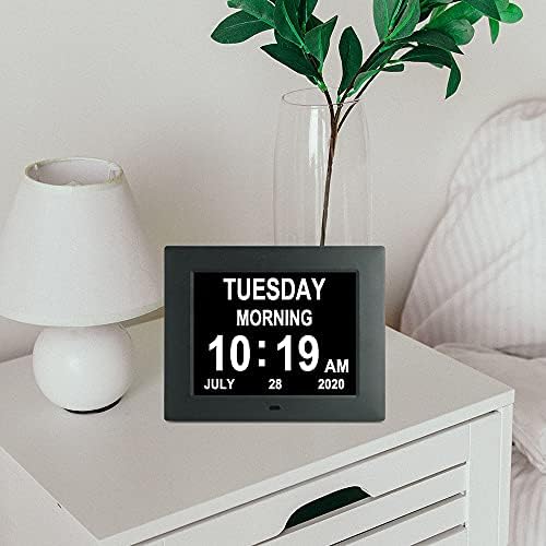 TMC Dementia Clock Digital Calendar Clock - 8 Alarm Options,Extra Large Non-Abbreviated Day & Month for Vision Impaired, Elderly, Memory Loss(7 inch, Black)
