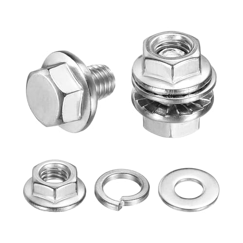 Tornillos hexagonales M5 x 6 mm de brida inoxidable con tuercas y arandelas planas, pack 20
