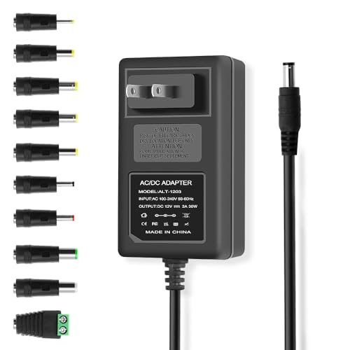 DC 12V 3A Power Adapter Cord 36W AC Adapter 100-240V 50-60Hz AC to DC 12 Volt 3 Amp Power Supply, & 10 Tips