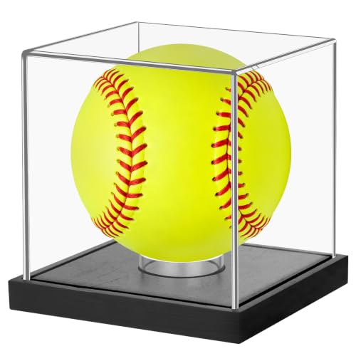 Image of Clear Acrylic Softball Display Case with Black Wood Base & Acrylic Holder, Memorabilia Stand Cube Holder, Dust Protection Transparent Storage Box for Single Ball Souvenir Softball Collections