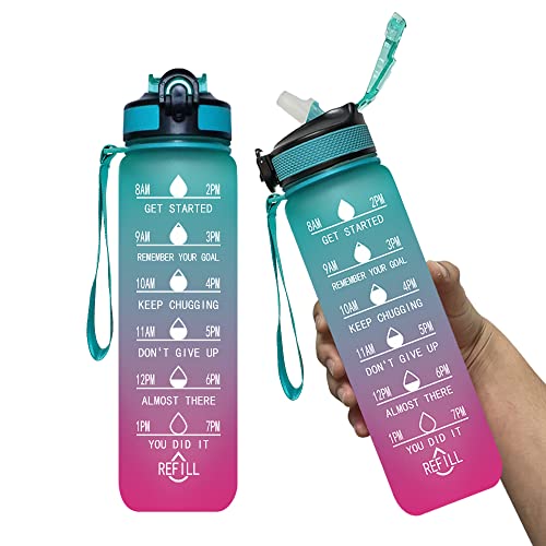 32 oz Water Bottles with Straw with Times to Drink, atrccs Water Bottles with Straw, 1L Large Capacity Leakproof Tritan BPA Free Measuring Water Bottles for Sports & Travel (Green & Purple)