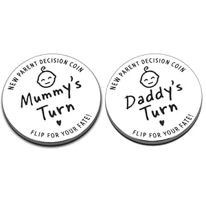 Nieuwe ouder besluit munt, Flip munt besluit, gegraveerd grappige Flip munt RVS humor pasgeboren baby geschenken nieuwigheid cadeau voor besluitvorming, ouderschap klusjes, baby douchegift