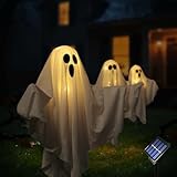 Solar Powered Halloween Decorations, 3 Pack Light Up Ghost Outdoor Path Pathway Kit Walkway Driveway Warm White Led Lights Solar Power Scary Yard Stakes Garden Lawn Decor