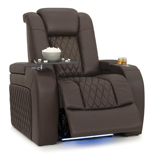 Image of Seatcraft Diamante Brown Italian Leather Home Theater Seating, Zero Gravity Power Recliner Gaming and Home Office Chair, Powered Headrest Lounge Sofa Furniture for Cinema Room, Single Recliner