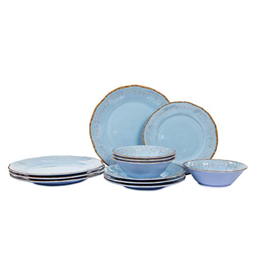 Melamine Dinnerware Sets, 12 PCS Dishwasher Safe 100% Melamine Dinner Plates, Dishes, and Bowls Set for Indoor and Outdoor Use