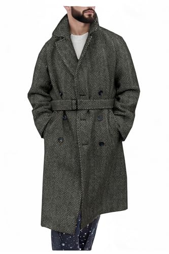 VENNYNG Men's Vintage Tweed Overcoat Belted Long Jacket Wide Herringbone Trench Coat Double Breasted Outwear Winter Autumn