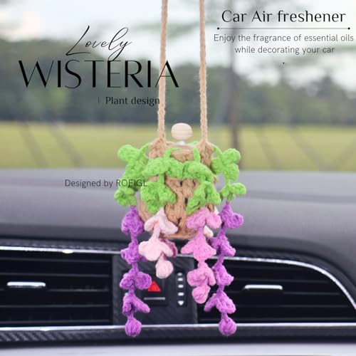 Image of ROFIGL Handmade Crochet Hanging Car Air Freshener - Botanical Wisteria Blossom Design with 12ml Refillable Glass Essential Oil Bottle, Long-Lasting Car Diffuser & Nature-Inspired Decor