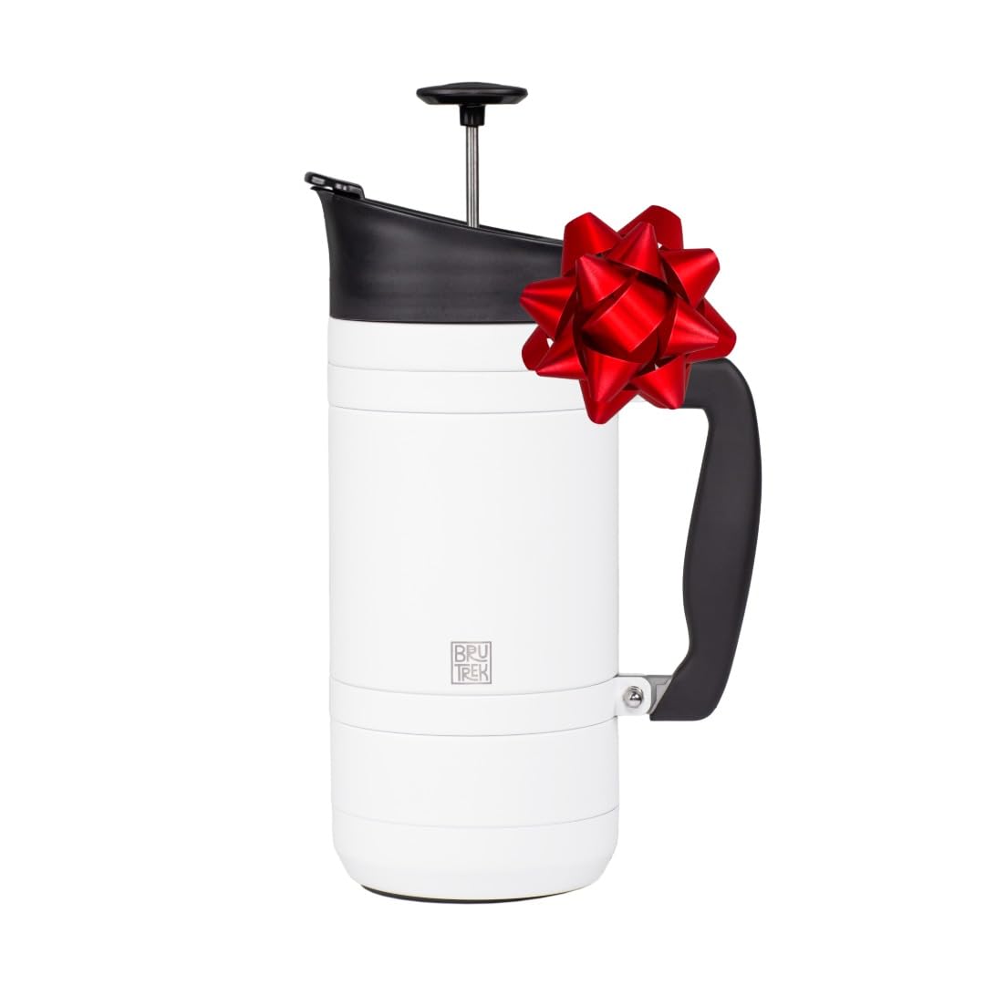 BruTrek Basecamp Coffee Press - Double Wall Vacuum Insulated Stainless Steel - Bru-Stop Technology, No Grounds in Coffee, No Spill Lid (Snowflake White, 48 fl.oz)