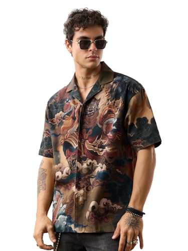 Chemise coton homme manches courtes col cubain imprimé artistique multicolore coupe normale