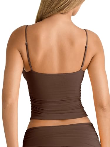 Image of PINKMSTYLE Women's Sexy V Neck Ruched Cami Top Sleeveless Spaghetti Double Layer Fitted Crop Tank Tops