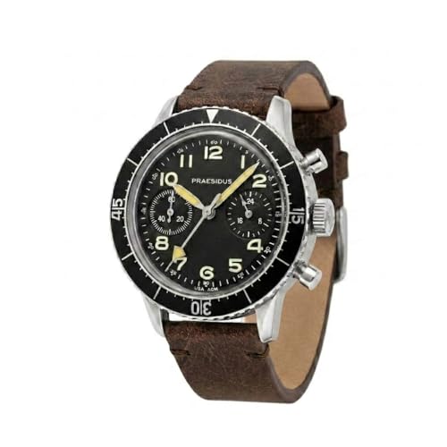 PRAESIDUS Montre chronographe type H-75 pour homme - 38 mm - Montre pilote militaire résistante à l'eau - Assemblée USA, Cadran noir - Bracelet en cuir...