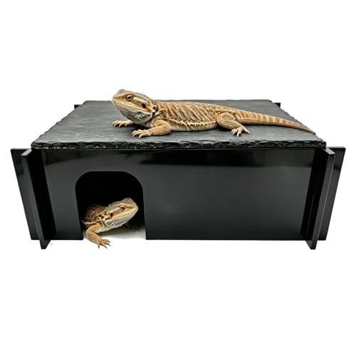 Reptile Basking Platform Hideout Acrylic Snake Hide Cave with Natural Slate Rock Terrarium Decor for Bearded Dragon Tank Accessories Ball Python Leopard Gecko Tortoise & Chameleon (Small Black)