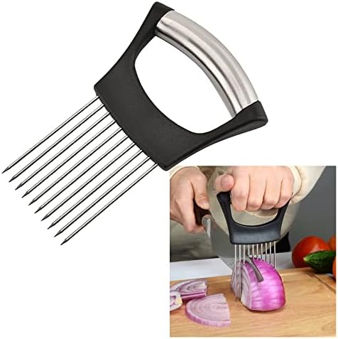 Onion Holder for Slicing, Meat Tenderer, Premium Vegetable Slicer Guide Helper for Potato Avocados Eggs Tomato, Sharp Stainless Steel Needles Food Cutting Assistant Tool Kitchen Gadget