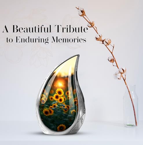 Image of Sunset Sunflower Urns for Human Ashes - Teardrop Urn for Human Ashes Adult - Yellow Sunflower Urn for Adult Male and Female - Cremation Urns for Men and Women 10inch