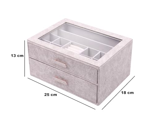Image of BucketList Premium PU Leather Jewellery Organizer Box with Glass Lid | 2 Pull-Out Drawers Multi-Compartment Storage for Rings, Earrings, Necklaces & Bracelets (2-Layer Jewelry Box (White))