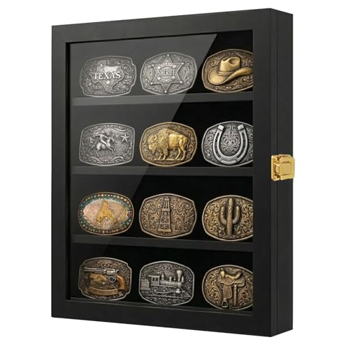 Adjustable Belt Buckle Display Case with Acrylic Door Wall-Mounted Wooden Shadow Box for Collectibles Black Picture Frame Style Holder for Western Belt Buckles