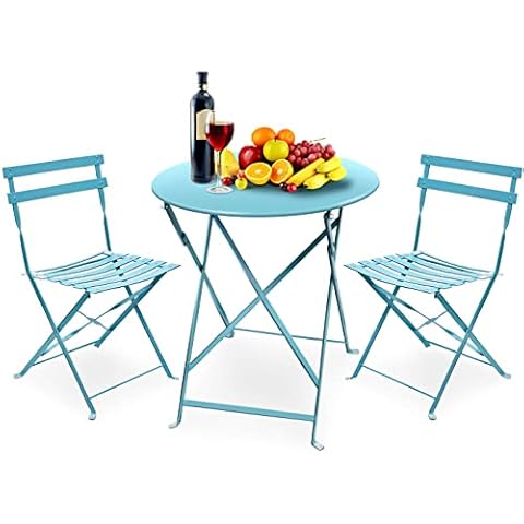 Amagabeli 3-teiliges Bistro-Set bestehend aus 1 Tisch (H90 x T60cm) und 2 Stühlen (H83 x B42 x T38cm) klappbares Balkon-Set Gartenmöbel Bistro-Set Metall-Bistro-Set Balkon geeignet für Garten hellblau Cover
