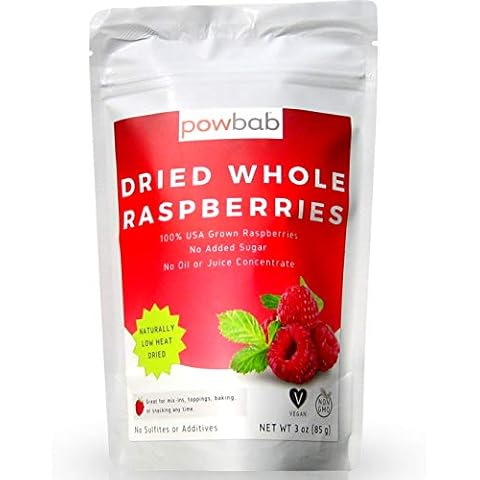 powbab Dried Raspberries Whole - 100% USA Grown Organic Raspberries. No Sugar Added, No Oil, No Juice Concentrate. Unsweetened Dehydrated Fruit. Not Freeze Dried, Frozen or Fresh. For Baking (3 oz) Cover