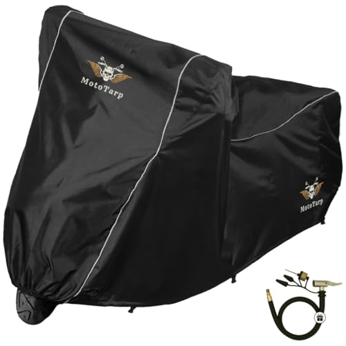 MotoTarp 600D Heavy Duty Motorcycle Cover 100% Waterproof; License Plate Window, Exhaust Heat Guard, Night Reflectors, Wheel Lock Slots (Black, Large 86X37X43)