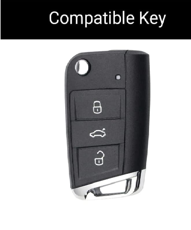 Image of Leather Car Key Cover with Key Chain for Skoda Superb, Octavia, Volkswagen Jetta, Passat, Tiguan (Black)