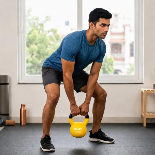 Image of DAARA Half Coating Neoprene Kettlebell, 12kg Yellow Cast Iron Kettle Bell with Non-Slip Grip Handle for Strength Training, Home Gym Workout Equipment for Men & Women (Proudly Made in India)