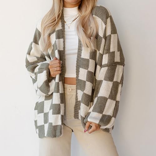 Image of Womens Checkered Cardigan Sweater Loose Long Sleeve Open Front Sweater Knit Coat Casual Oversized Plaid Cardigan Tops