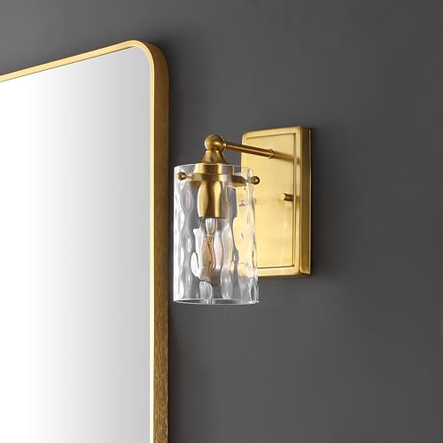 Image of SAFAVIEH Lighting Collection Jobie Brass /Glass Shade Wall Sconce Set of 2 Light Fixture, Ideal for Bathroom, Entryway, Vanity, Foyer, Hallway, Living Room (LED Bulbs Included)