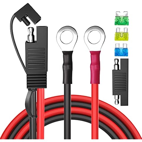 Goupchn SAE Battery Connector, SAE to O Ring Terminal Harness 10AWG 2Pin Quick Disconnect SAE Battery Extension Cable with SAE RP Adapter, 15A/20A/30A Fuses 3.3ft for Solar Panel, Motorcycle, Car, RV Cover
