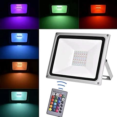 Viugreum 100W RGB LED Floodlights, 16 Colours & 4 Modes Outdoor Dimmable Color Changing LED Security Light IP65 Decorative Colorful Stage Garden Landscape Lighting Cover