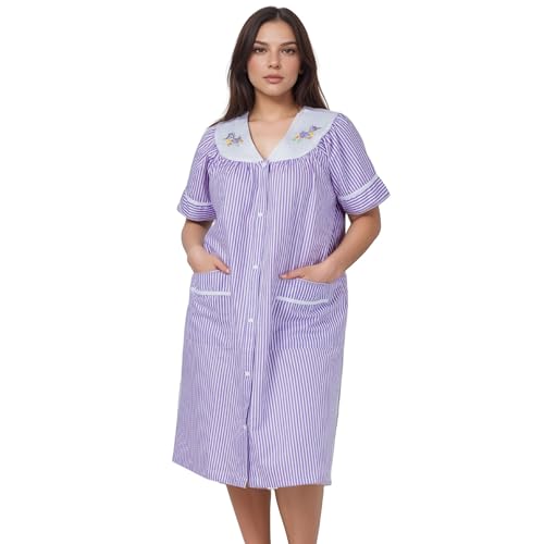 Image of Women's Short Sleeve Woven Snap-Front Closure Striped Embroidery Housecoat Duster Nightgown with Front Pockets