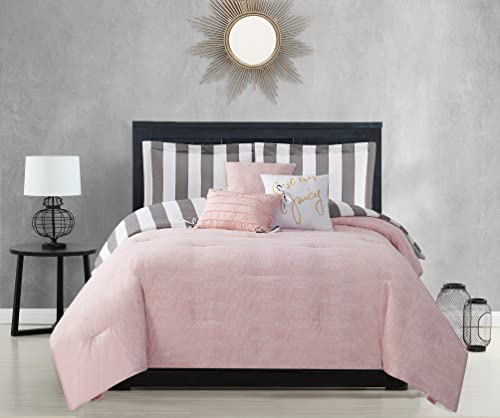 Image of Juicy Couture Cabana Stripe Reversible Bedding Set - King Size - Grey and White Stripe Print - 6 Piece Set - Includes 1 104 inch x 90 inch Comforter, 3 Decorative Pillows, 2 Shams