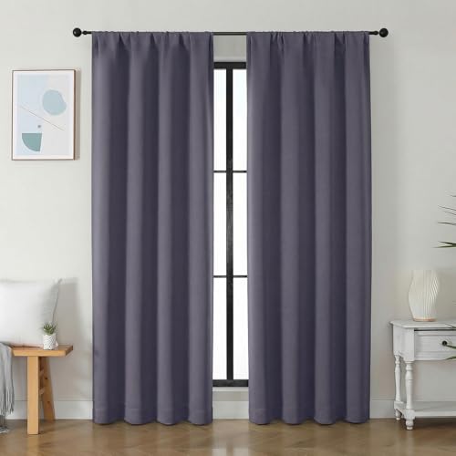 Image of Simplebrand Ava Greyish Purple Blackout Curtains for Bedroom 84 Inch Length 2 Panels Set, Solid Thermal Insulated Privacy Nursery Window Treatment Curtains Blackout Drapes, W40 x L84 Inch